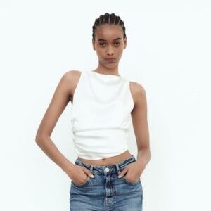 Zara White Open Back Satin Effect Top